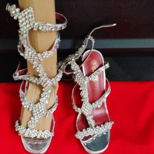 Mata Silver Lace-up Rhinestone Heels Sz-8